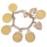 A 9ct gold bracelet with sovereigns and charms