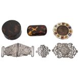 A George V circular tortoiseshell trinket pot and others