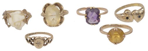 Six various gold mounted dress rings