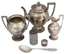 A Victorian electroplated three piece tea service and three silver items