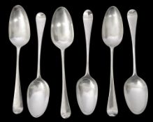 A matched set of six early George II/III Hanoverian pattern dessert spoons