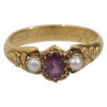 An early Victorian ruby and pearl three stone ring