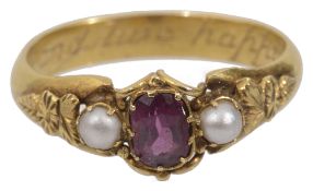 An early Victorian ruby and pearl three stone ring