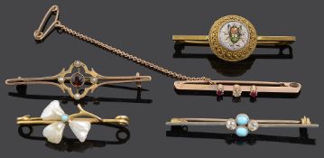 A Victorian micro mosaic scarab brooch and four other brooches