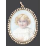 Edith Oliver, Edwardian portrait miniature of a child in gold and pearl set pendant locket