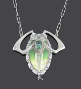 A Jugendstil style green gem and enamel pendant on chain