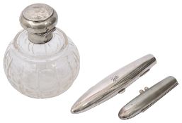 An Austrian .935 silver single cigar case and a silver topped cut glass scent bottle