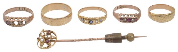 Five various Victorian and later gold rings