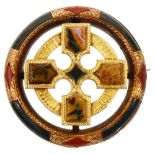 A mid Victorian Scottish hardstone and engraved yellow gold brooch