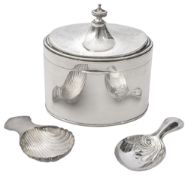 A George V silver tea caddy and two silver caddy spoons