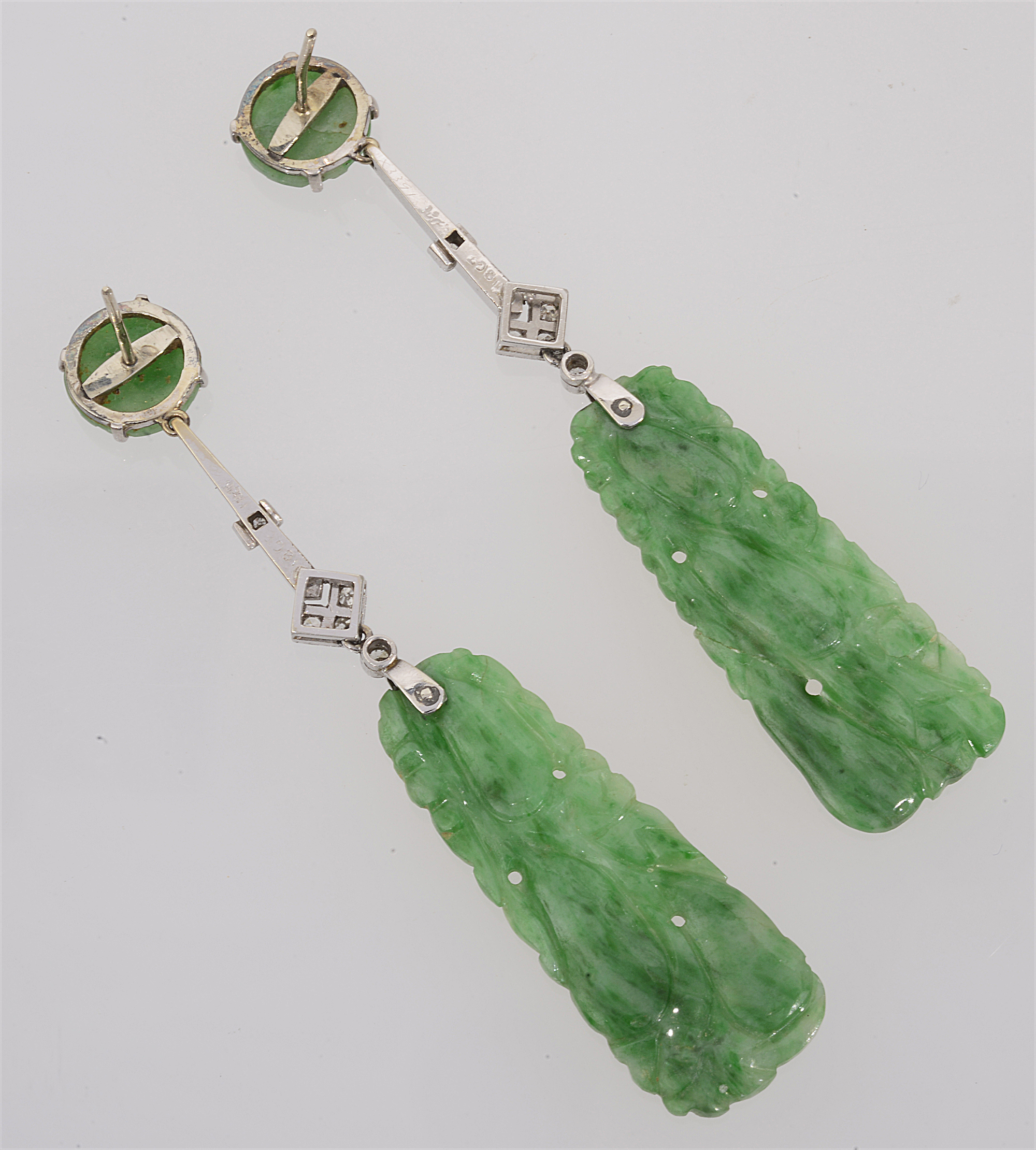 An Art Deco pair of jadeite and diamond-set ear pendants - Image 2 of 2