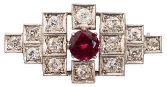An Art Deco ruby and diamond brooch