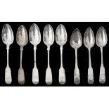 George III silver fiddle pattern teaspoons and five Victorian teaspoons