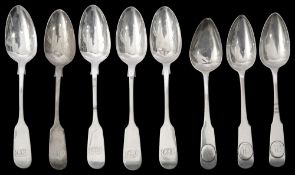 George III silver fiddle pattern teaspoons and five Victorian teaspoons