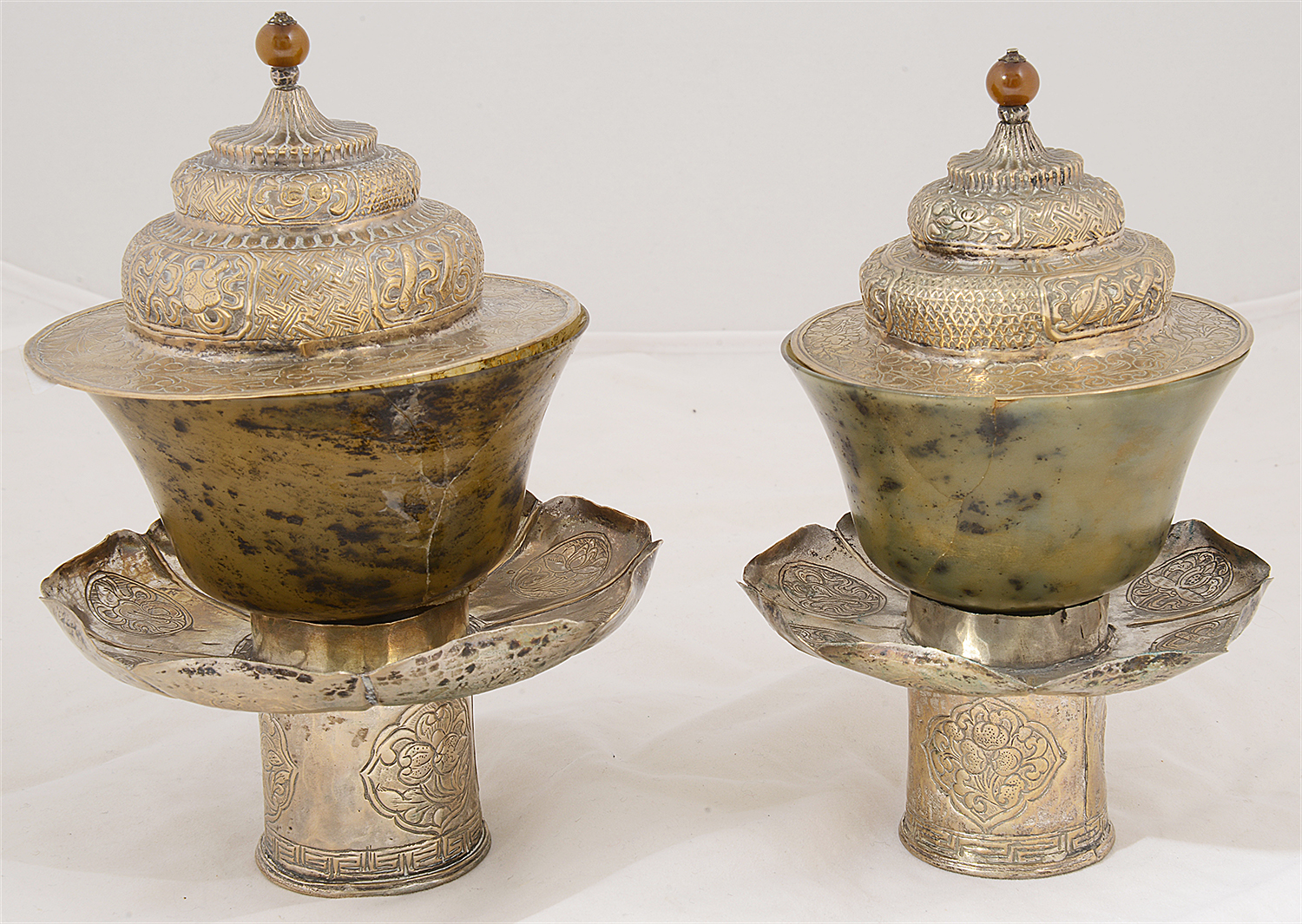 Two Tibetan nephrite jade and white metal stems bowls and covers c.1900 - Image 2 of 2