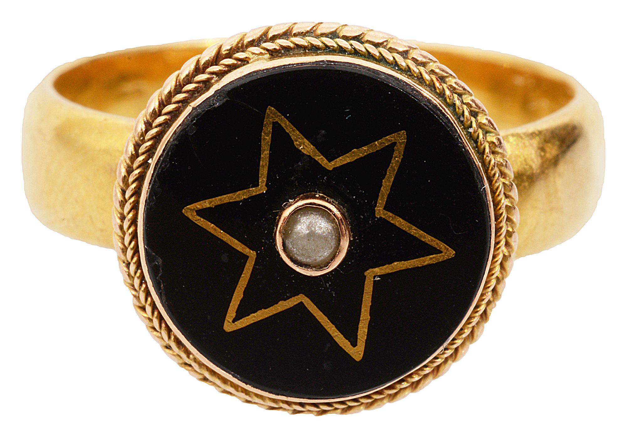 A late Victorian black onyx, seed pearl and gold ring