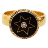 A late Victorian black onyx, seed pearl and gold ring