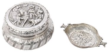 A late 19th century German silver tobacco box and small cast pin dish