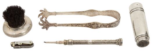 An Edwardian silver shaving brush, a Victorian silver propelling pencil and other items