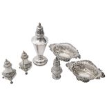 A pair of Edwardian silver pepper casters, a sugar caster and other silver