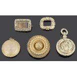 A Victorian Etruscan style brooch and four Georgian pieces
