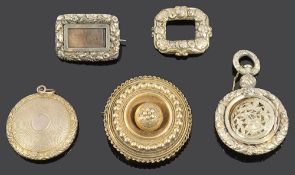 A Victorian Etruscan style brooch and four Georgian pieces