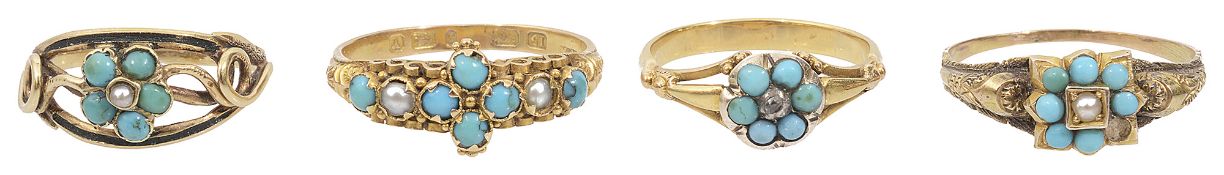 A Victorian pearl and turquoise 15ct gold ring and three others