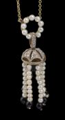 A delicate Art Deco diamond and pearl sautoir pendant drop