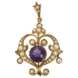 An Edwardian amethyst and seed pearl pendant