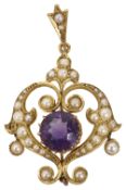 An Edwardian amethyst and seed pearl pendant