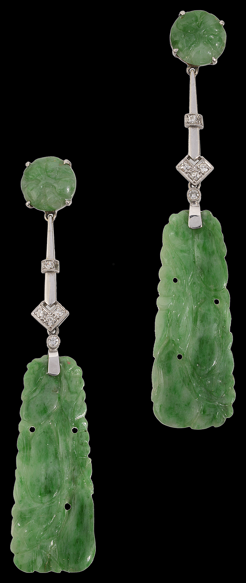 An Art Deco pair of jadeite and diamond-set ear pendants