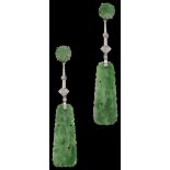 An Art Deco pair of jadeite and diamond-set ear pendants