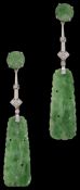 An Art Deco pair of jadeite and diamond-set ear pendants