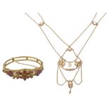 An Art Nouveau opal, pearl and festoon necklace and bangle
