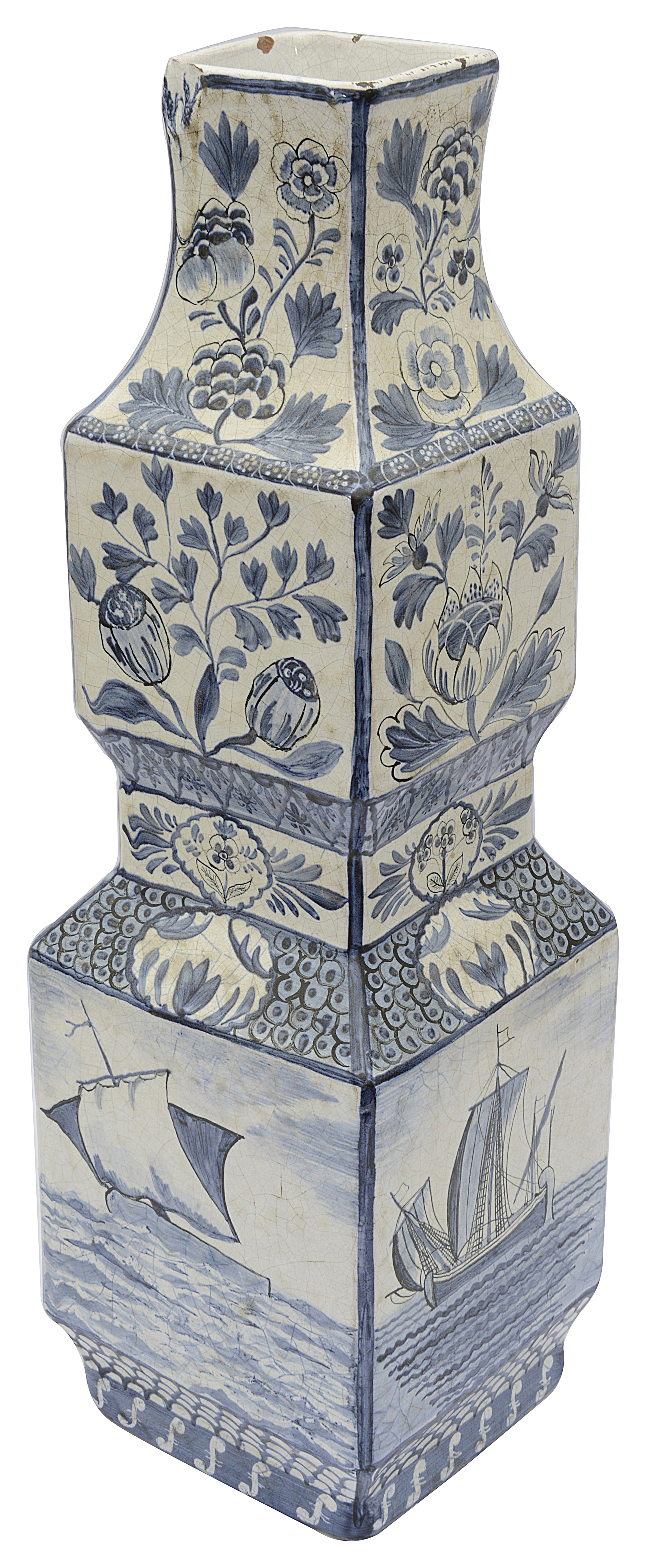 A large Dutch Delft blue and white square vase