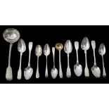 A William IV silver fiddle pattern sauce ladle and a selection of teaspoons