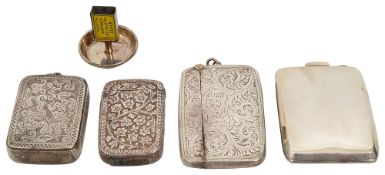 Three silver vesta cases, a silver matchbook case and a novelty miniature match holder