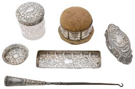 A late Victorian silver trinket pot, an Edwardian silver mounted pincushion and other silver items