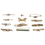 A diamond set bar brooch and a selection of 9ct brooches