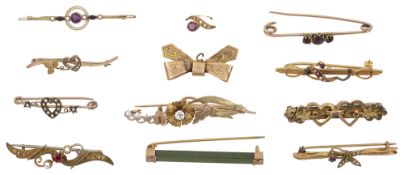 A diamond set bar brooch and a selection of 9ct brooches