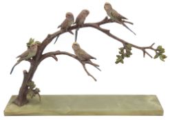An Art Deco cold painted bronze of budgerigars perched on a branch