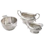 A George V silver quaich together with a bachelors sugar basin and milk jug