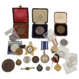 A collection of Victorian and later souvenir medals, coins etc.
