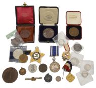 A collection of Victorian and later souvenir medals, coins etc.