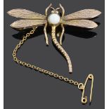 An Art Nouveau style 9ct gold opal set dragonfly brooch