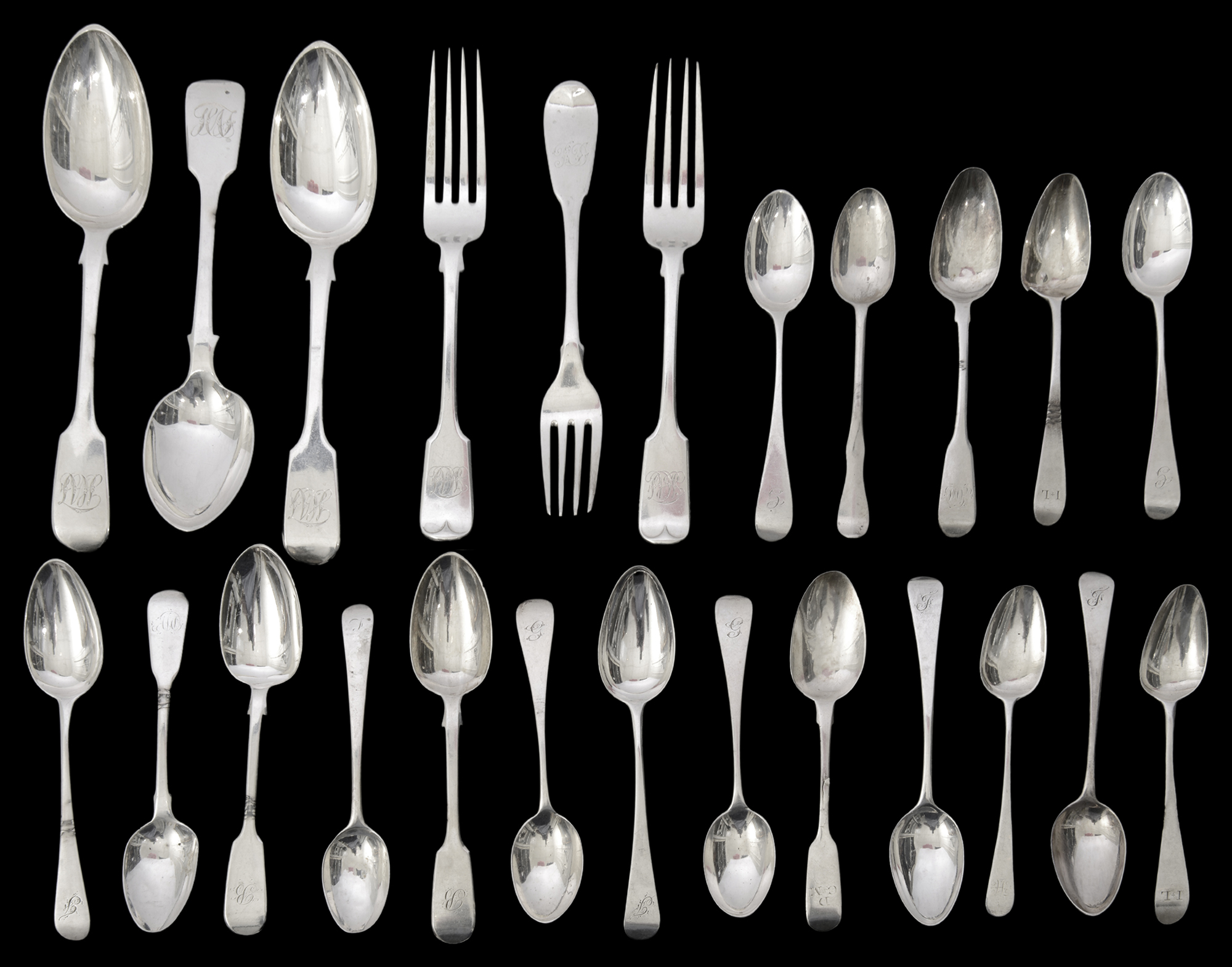 A collection of George III, Victorian and later silver flatware