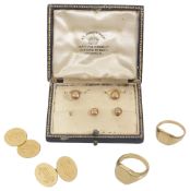 A pair of 18ct gold engraved cufflinks and other items