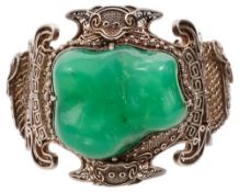 A Chinese filigree and green hardstone hinged bangle