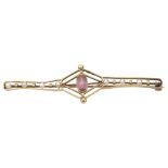 An Edwardian pink tourmaline and pearl bar brooch