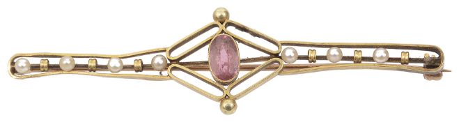 An Edwardian pink tourmaline and pearl bar brooch